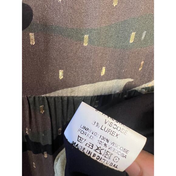 Vilgallo Long Sleeve Camo Print Maxi Dress Size 44 Gold Detailing Ruffle Collar - Picture 3 of 5